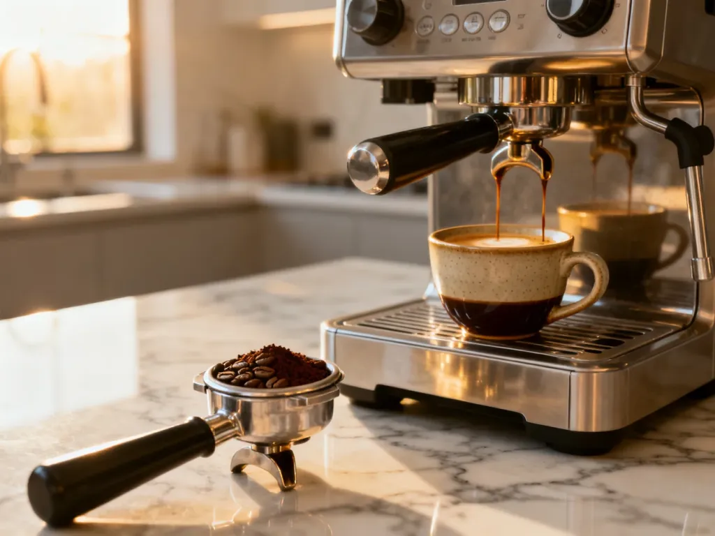 Świeżo zmielona kawa w kolbie i espresso przelewające się do filiżanki w nowoczesnej kuchni.