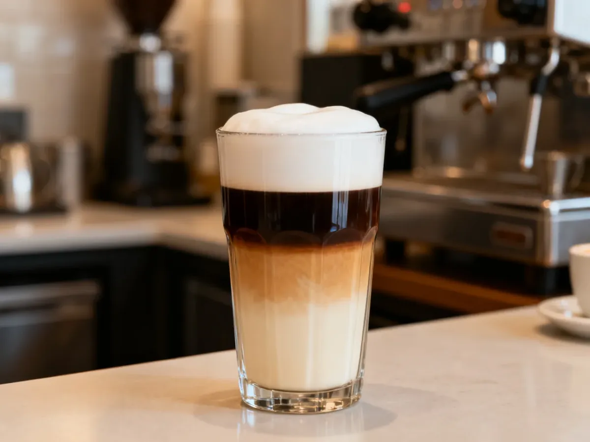 Wysoka szklanka latte macchiato z wyraźnymi trzema warstwami mleka, espresso i pianki