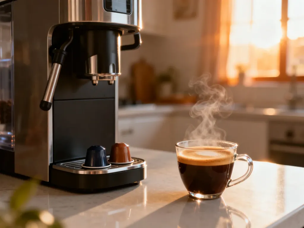 Nowoczesny ekspres kapsułkowy na kuchennym blacie z filiżanką świeżego espresso w porannym świetle.