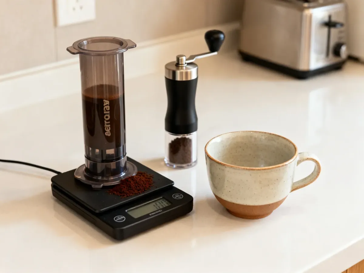 AeroPress wraz z akcesoriami do przygotowania kawy na kuchennym blacie