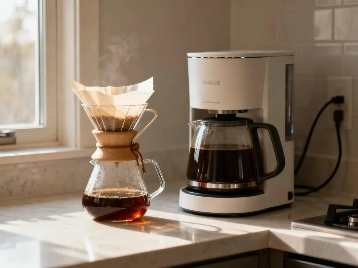 Dripper i ekspres przelewowy stojące obok siebie w kuchni