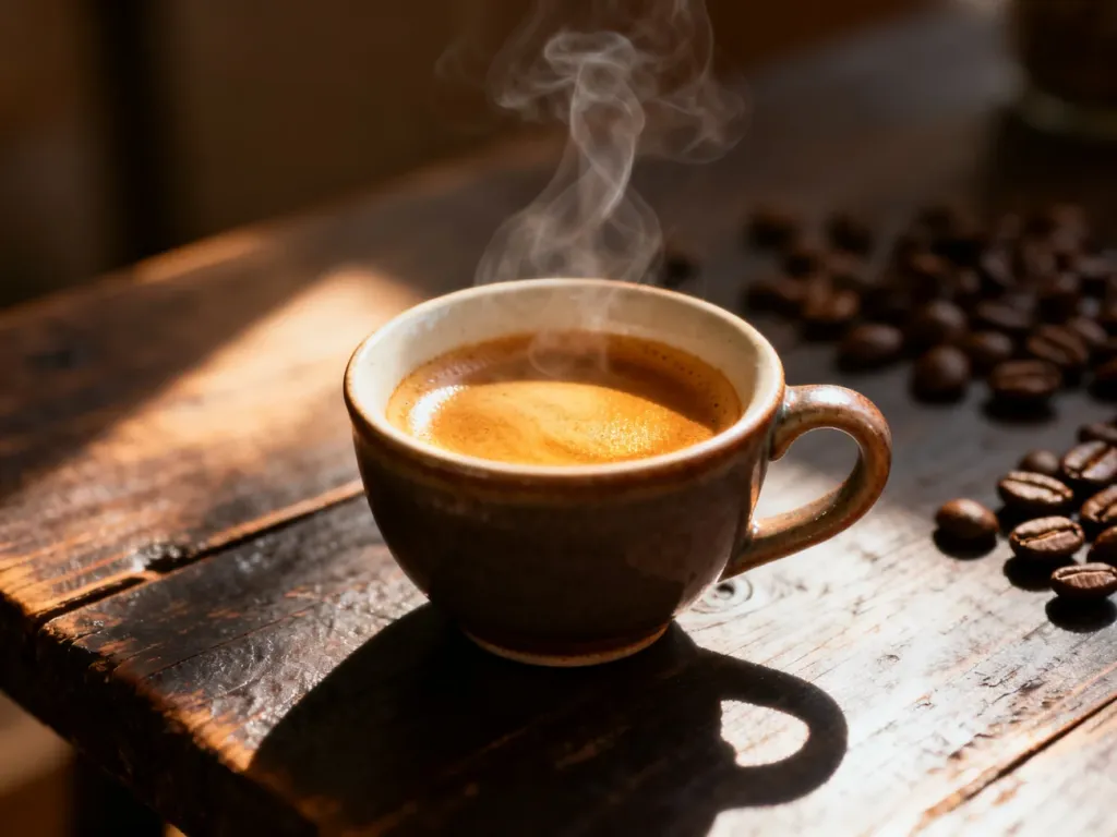 Parująca filiżanka espresso ze złotą cremą na drewnianym stole, otoczona ziarnami kawy w porannym świetle.