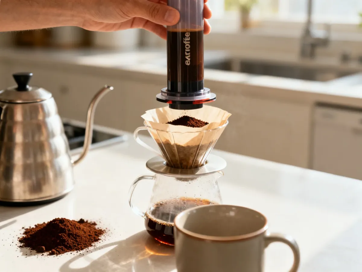 Parzenie kawy w zaparzaczu AeroPress nad kubkiem