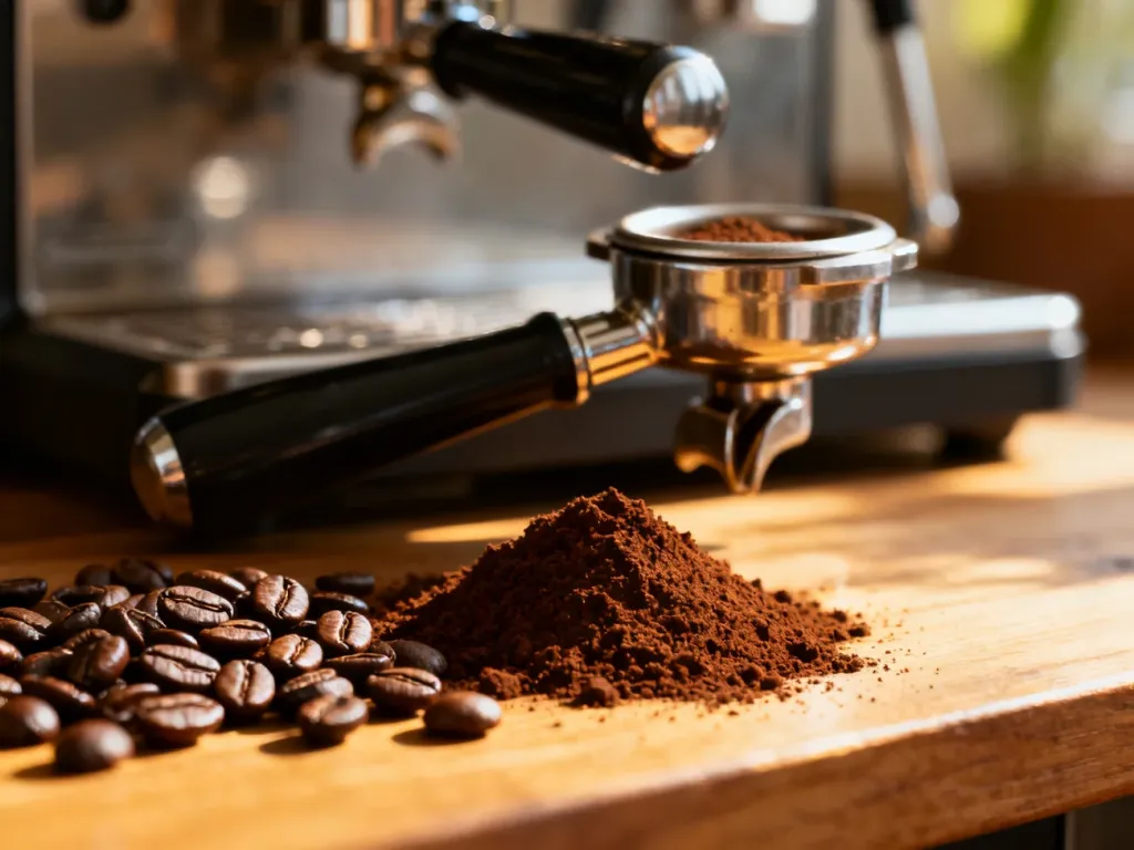 Ziarna kawy i drobno zmielony proszek do espresso obok kolby ekspresu w promieniach porannego słońca.