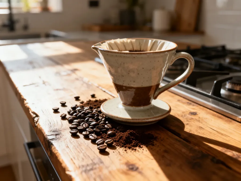 Ceramiczny dripper do kawy na drewnianym blacie w promieniach porannego słońca, otoczony świeżo zmielonymi ziarnami kawy.