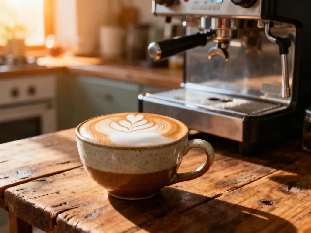 Cappuccino w ceramicznej filiżance z wzorem na piance, stojące na drewnianym stole w przytulnej kuchni.