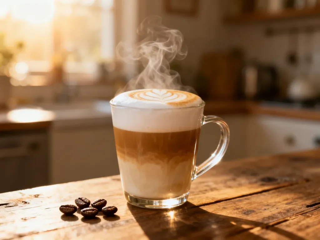 Szklanka latte z artystyczną pianką i unoszącą się parą na drewnianym stole, w tle przytulna kuchnia w porannym świetle.