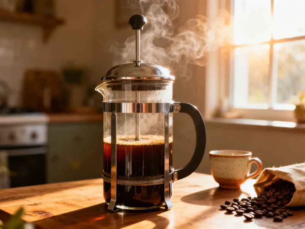 Szklany French press z parzącą się kawą w promieniach porannego słońca, przygotowany do dociśnięcia tłoka.