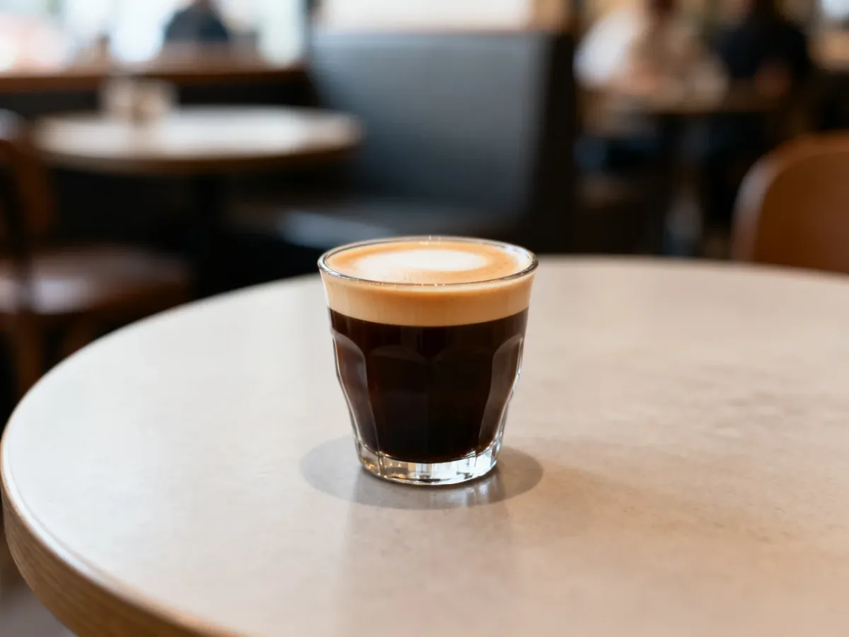 Mała szklanka cortado z espresso i cienką warstwą mlecznej pianki