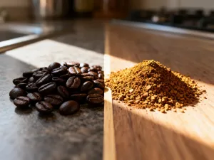 Filiżanka cappuccino z serduszkiem z pianki na drewnianym stole w przytulnej kawiarni.
