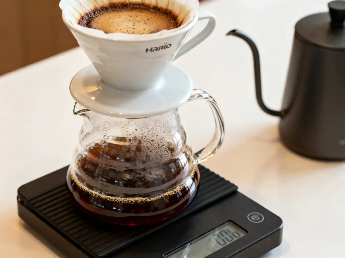 Kawa przelewowa spływająca z drippera Hario V60 do szklanego serwera
