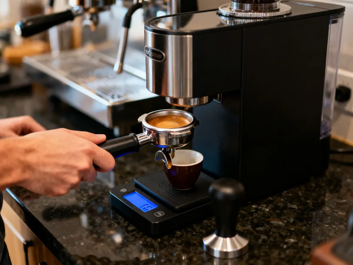 Barista przygotowujący kolbę espresso obok wagi i filiżanki