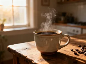 Szklanka kawy typu Gibraltar z warstwą espresso i aksamitną pianką na drewnianym stole w przytulnej kawiarni.