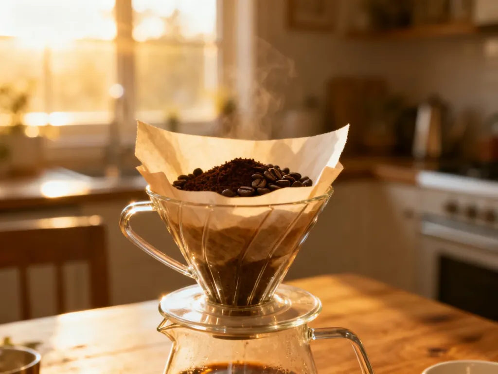 Szklany dripper z mieloną kawą w papierowym filtrze na drewnianym stole w promieniach porannego słońca.