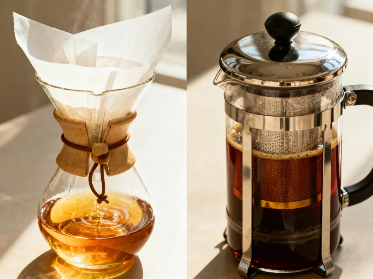 Chemex i French Press ukazujące różnicę między klarownym a bardziej treściwym naparem