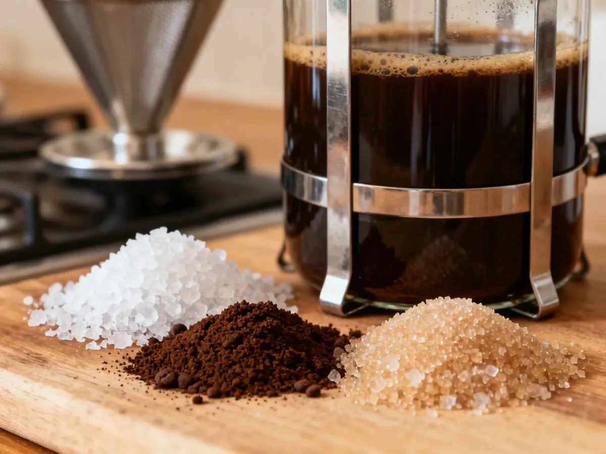 Grubo zmielona kawa obok zaparzacza French Press